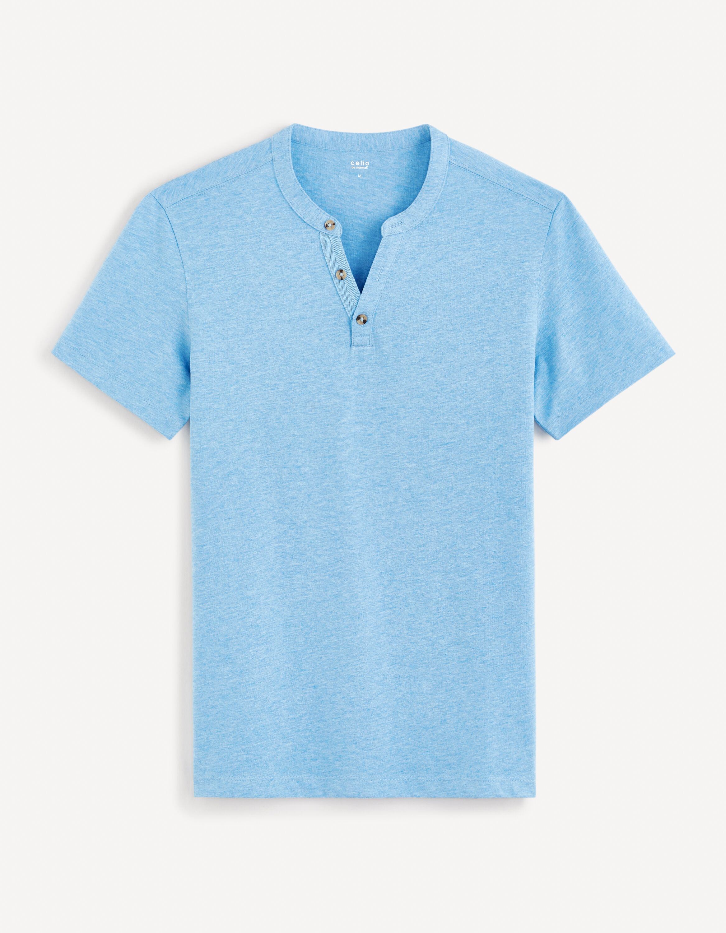 T-shirt col henley coton m&eacute;lang&eacute; -bleu