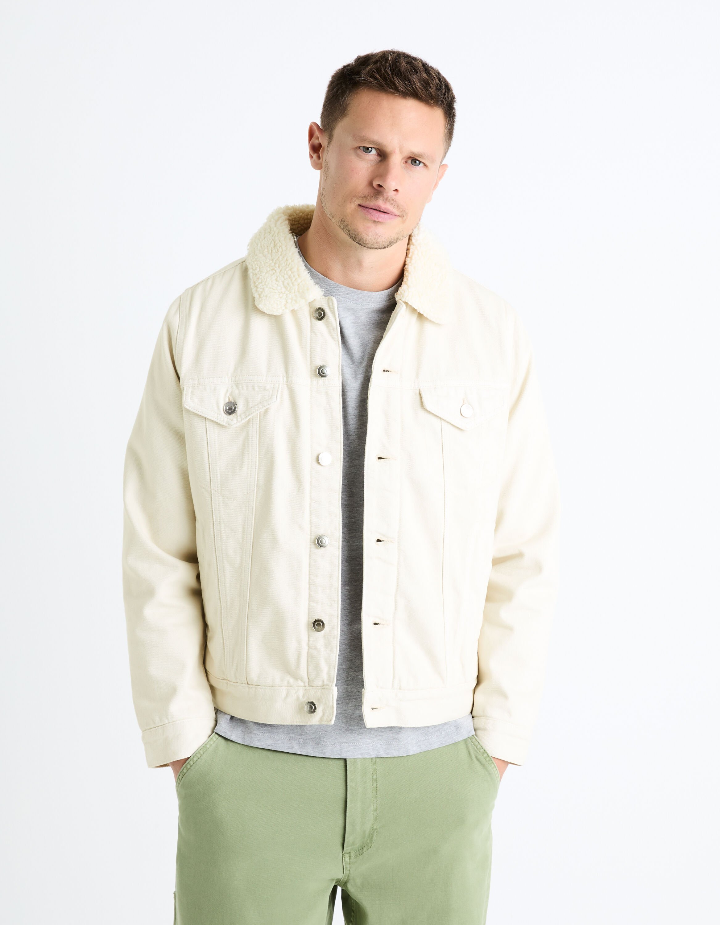Blouson denim doubl&eacute; sherpa - &eacute;cru