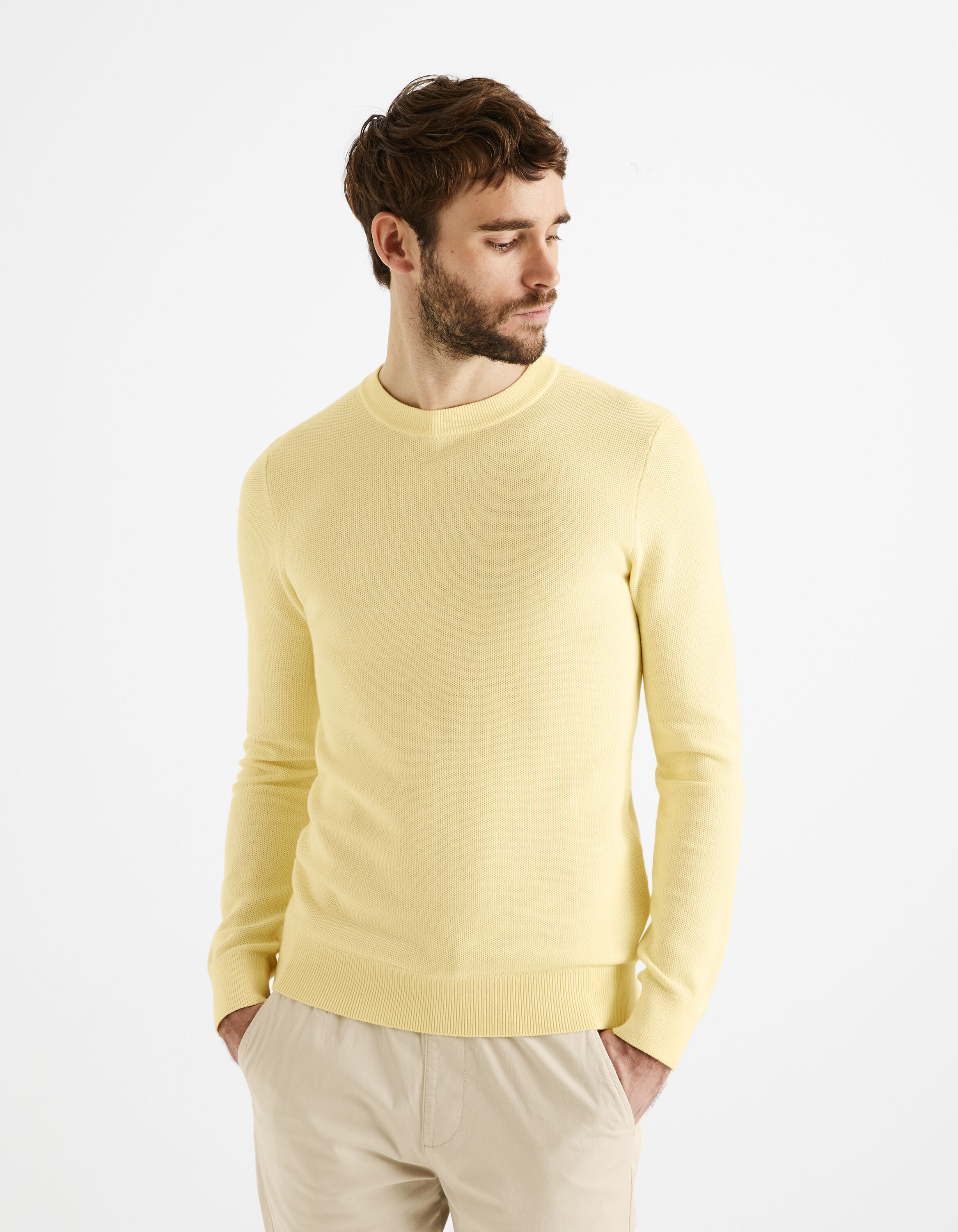 Pull col rond 100% coton - jaune
