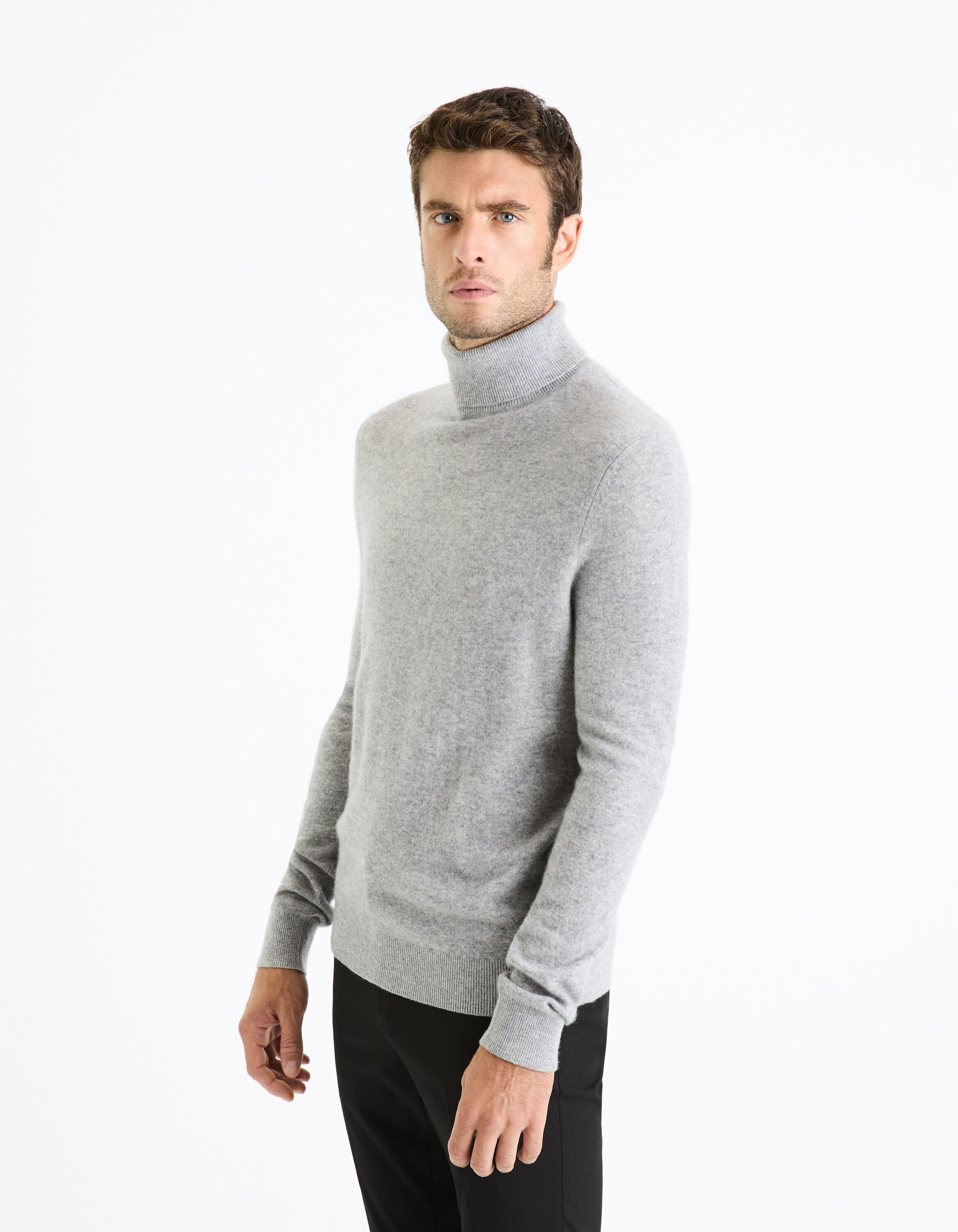 Pull col roul&eacute; 100% cachemire - gris chine