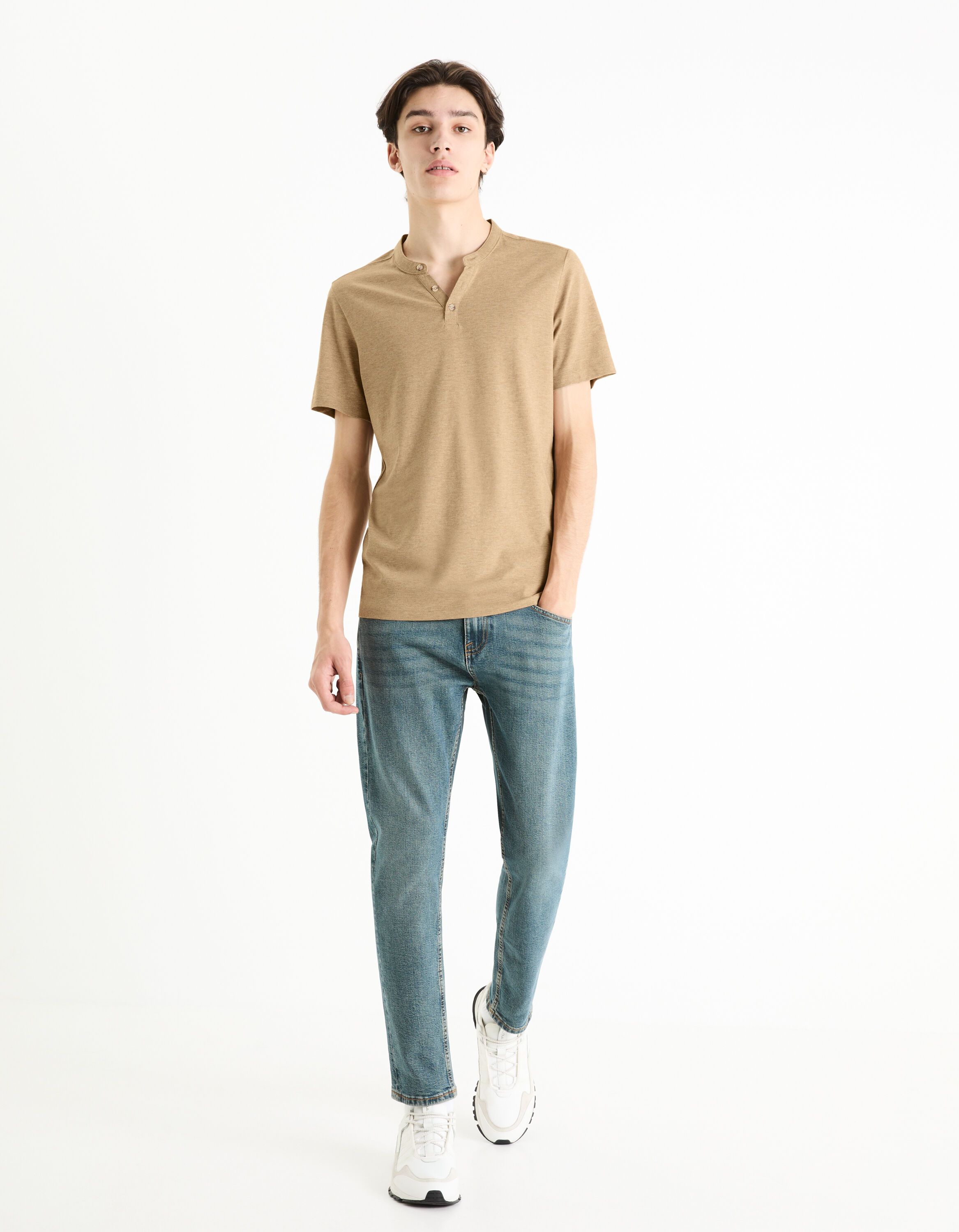 T-shirt col henley coton m&eacute;lang&eacute; -taupe