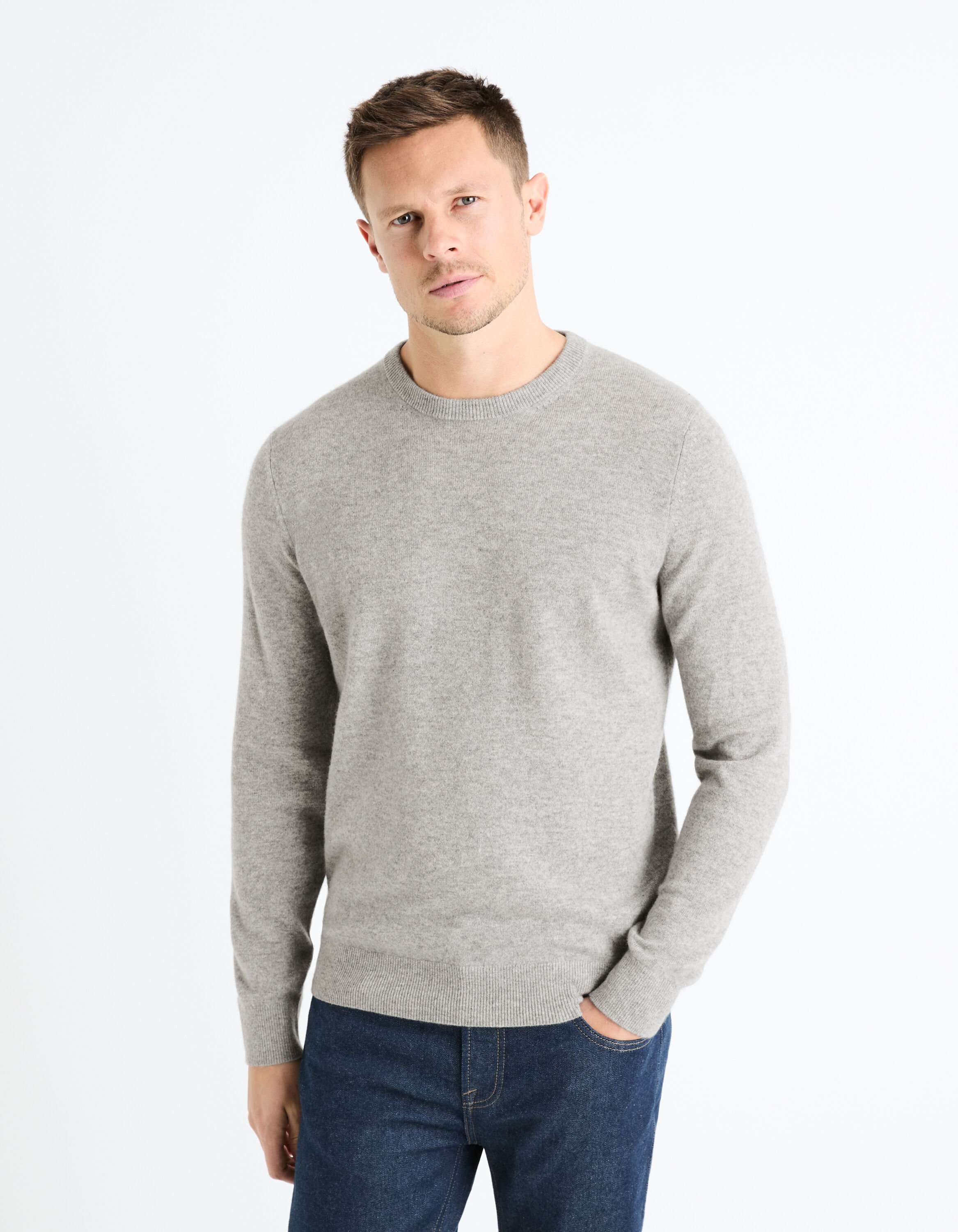 Pull col rond 100% cachemire - gris chin&eacute;