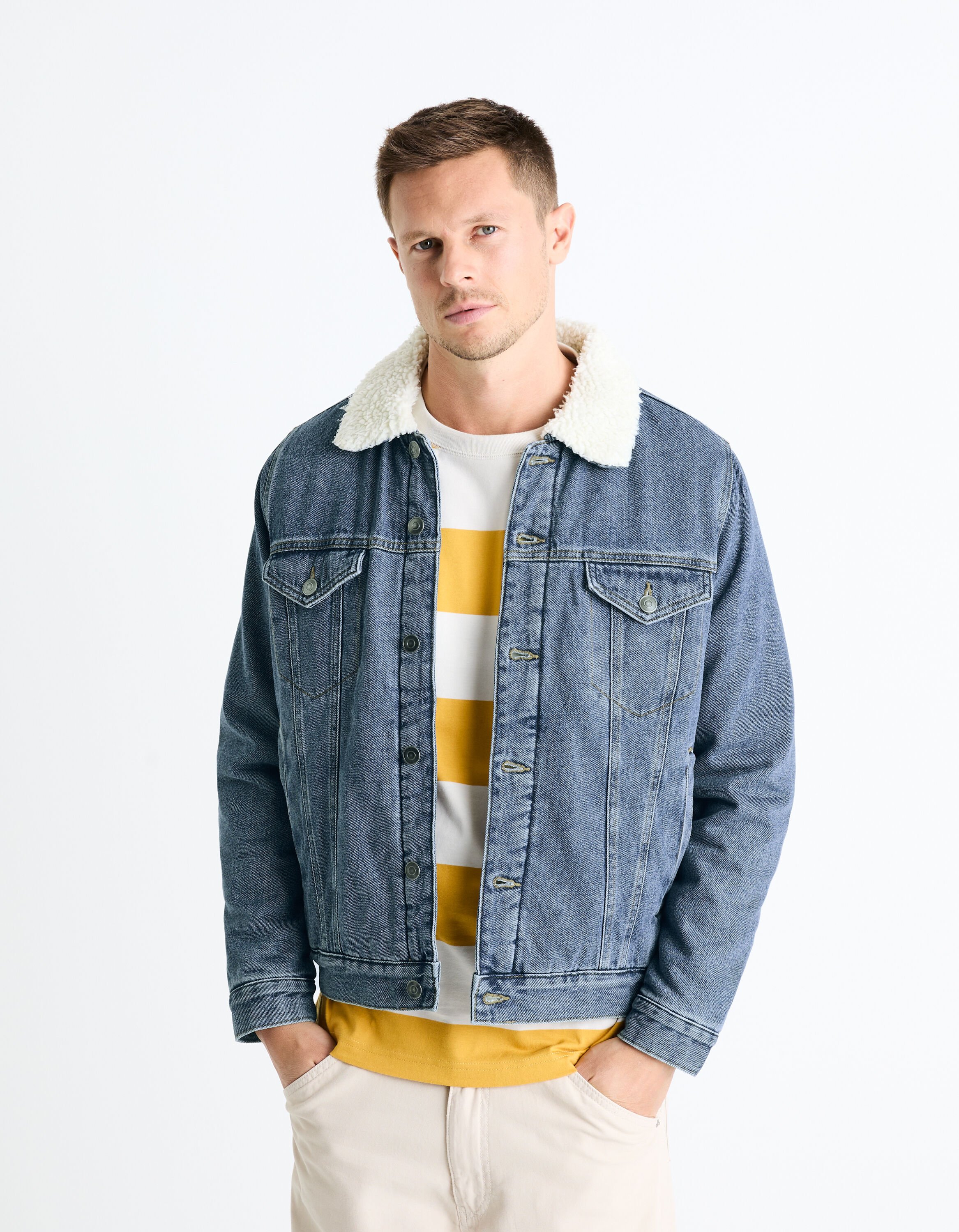 Blouson denim doubl&eacute; sherpa - bleu stone