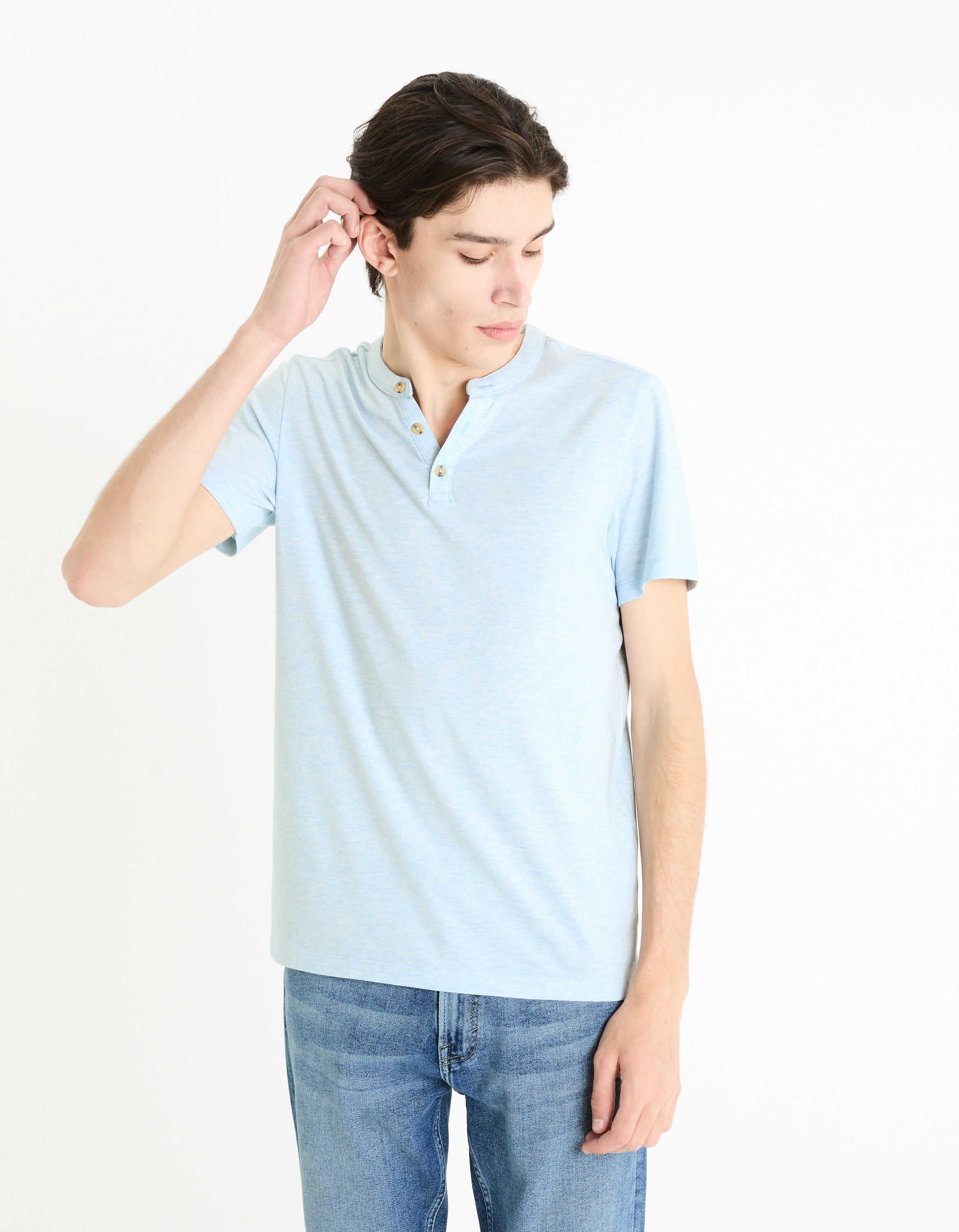 T-shirt col henley coton m&eacute;lang&eacute; -bleu