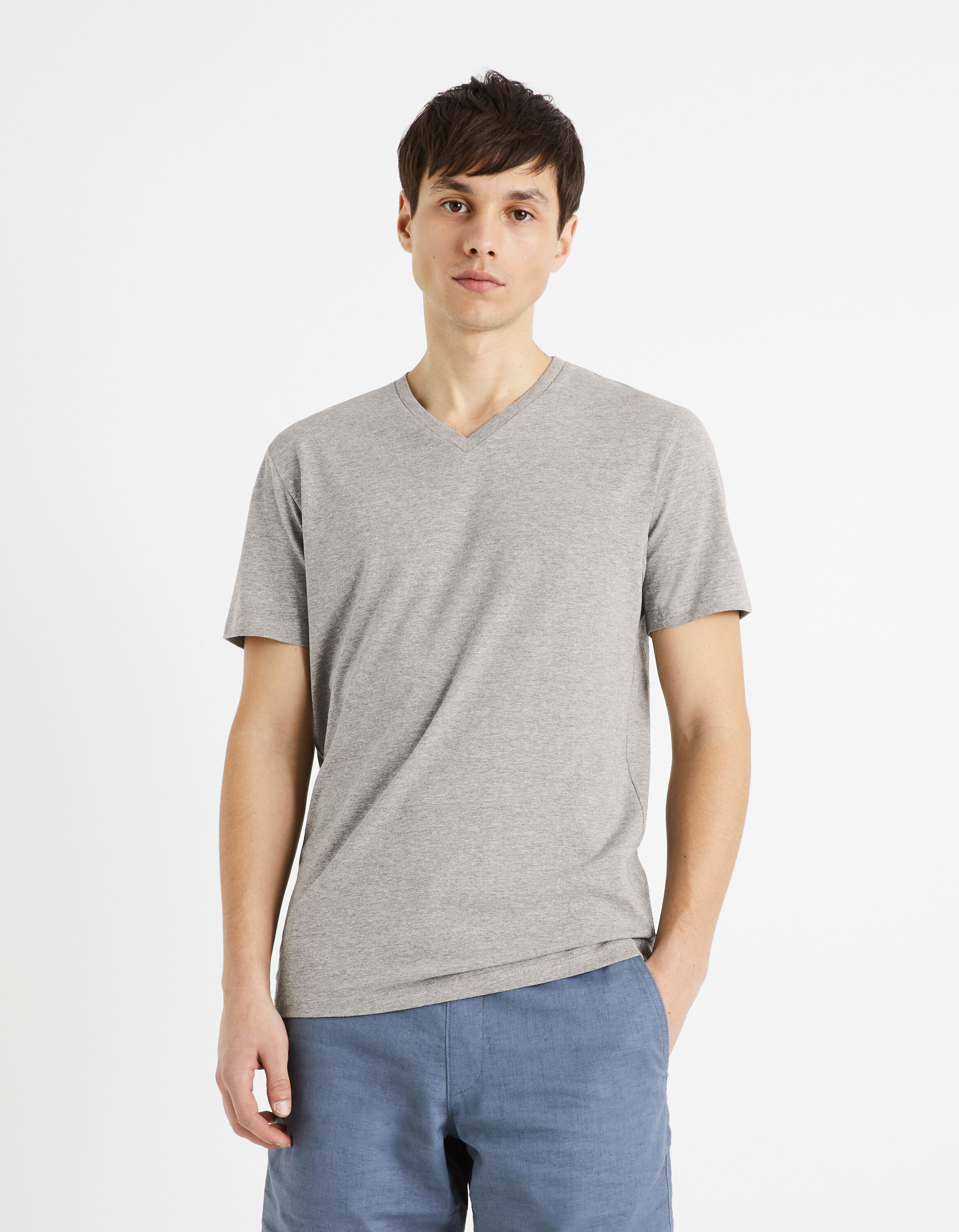 T-shirt col V coton viscose stretch - gris chin&eacute;