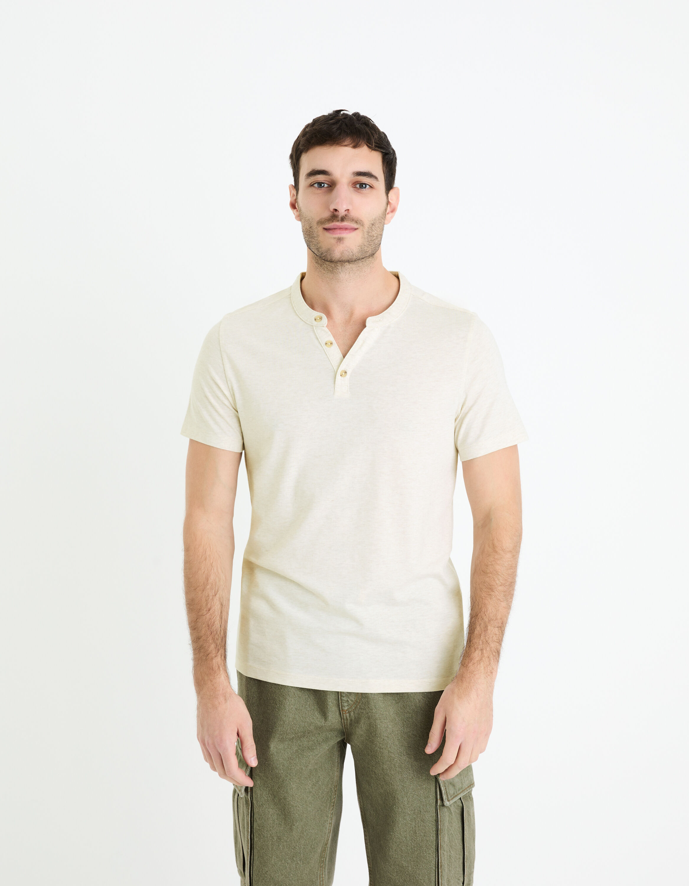 T-shirt col henley coton m&eacute;lang&eacute; - blanc