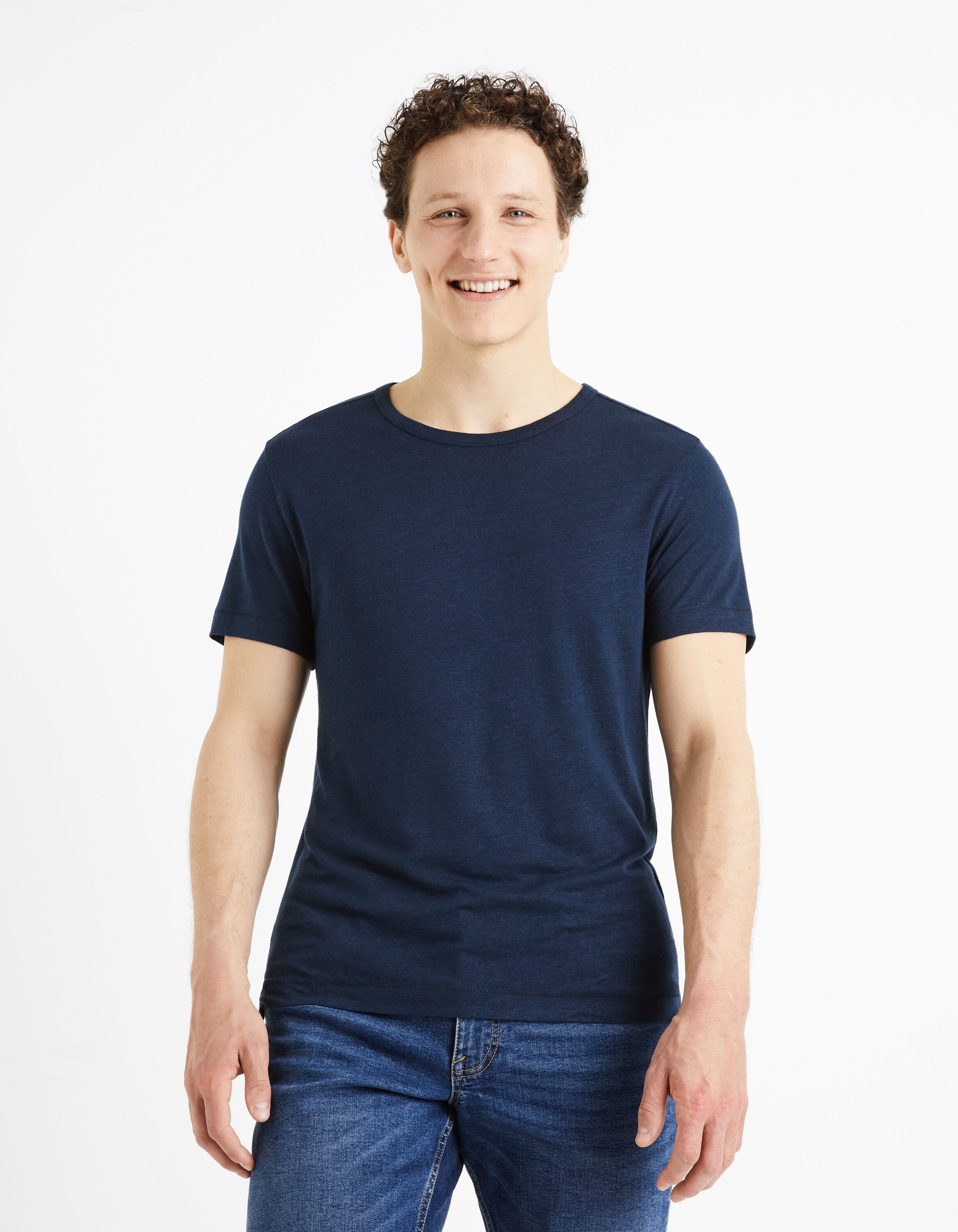 T-shirt col rond lin m&eacute;lang&eacute; -marine