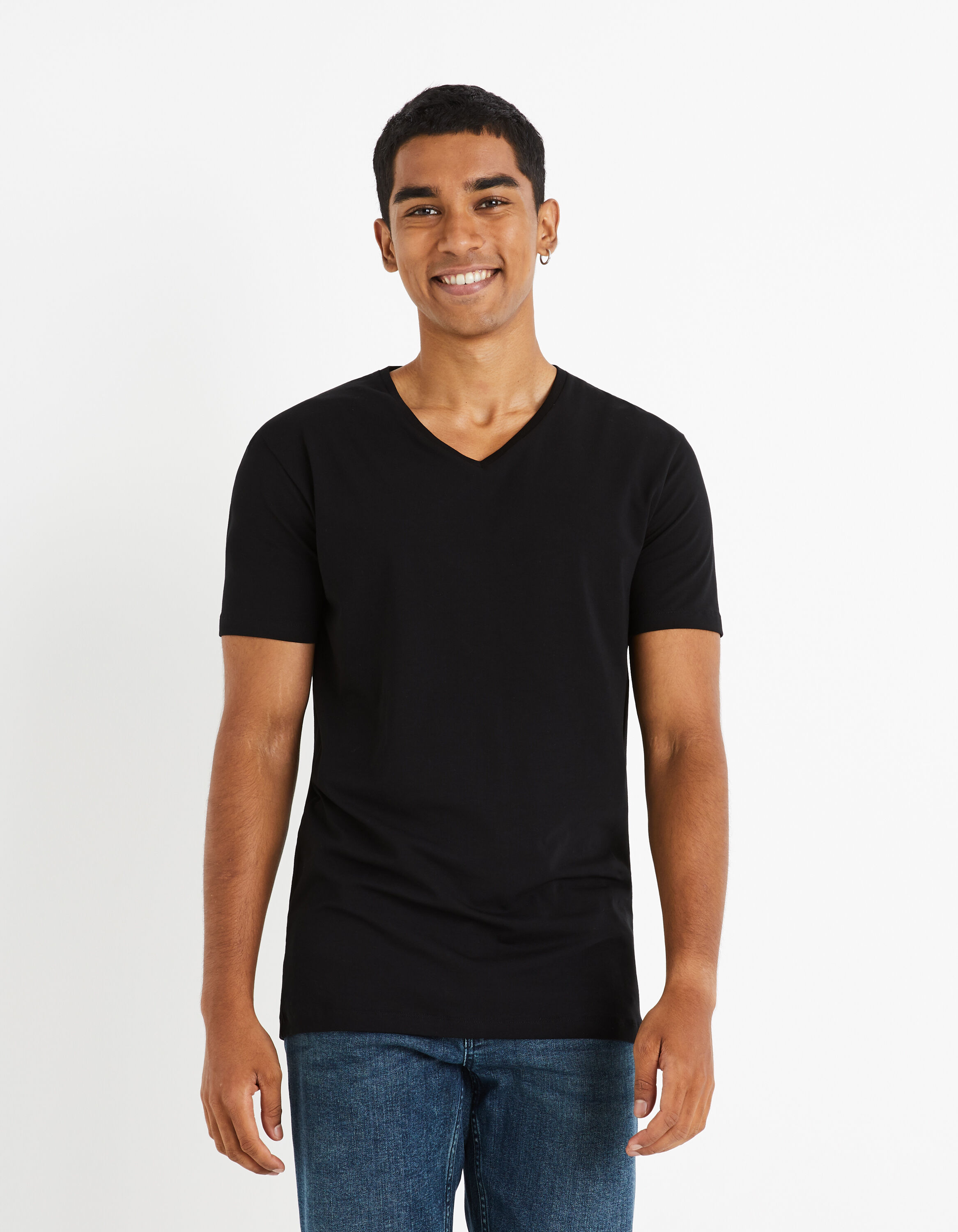 T-shirt col V coton stretch - noir