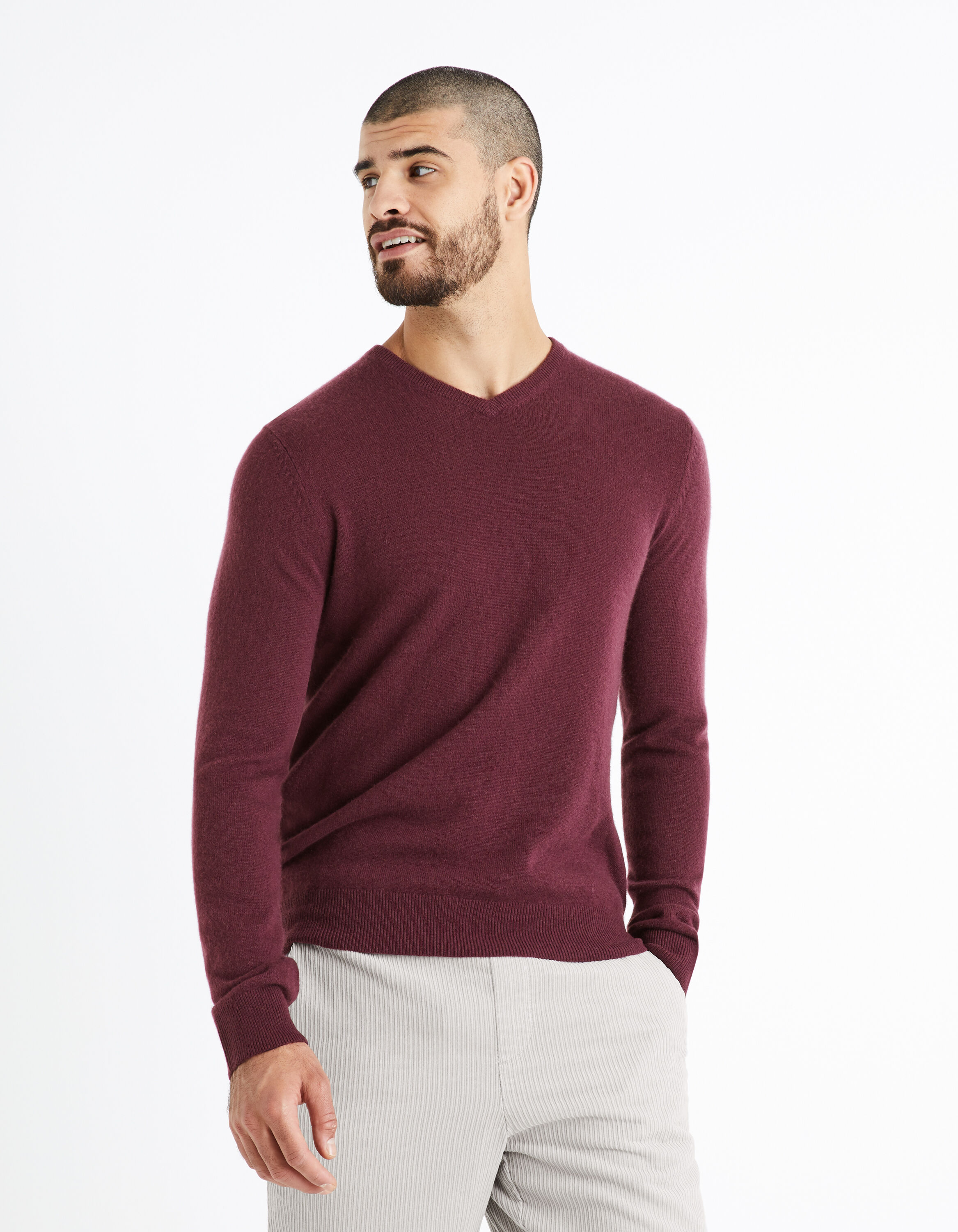 Pull col v 100% cachemire - bordeaux