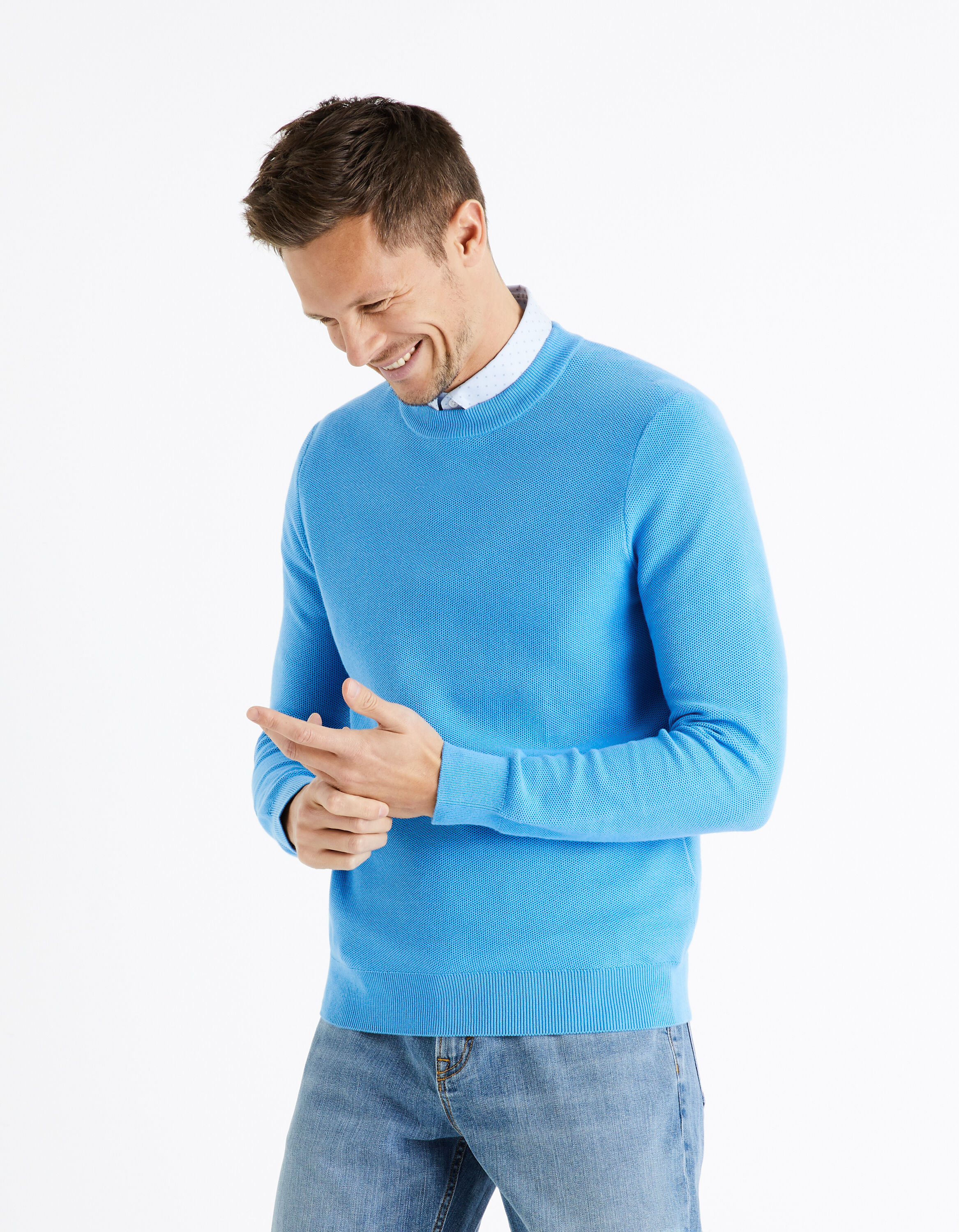 Pull col rond 100% coton - bleu