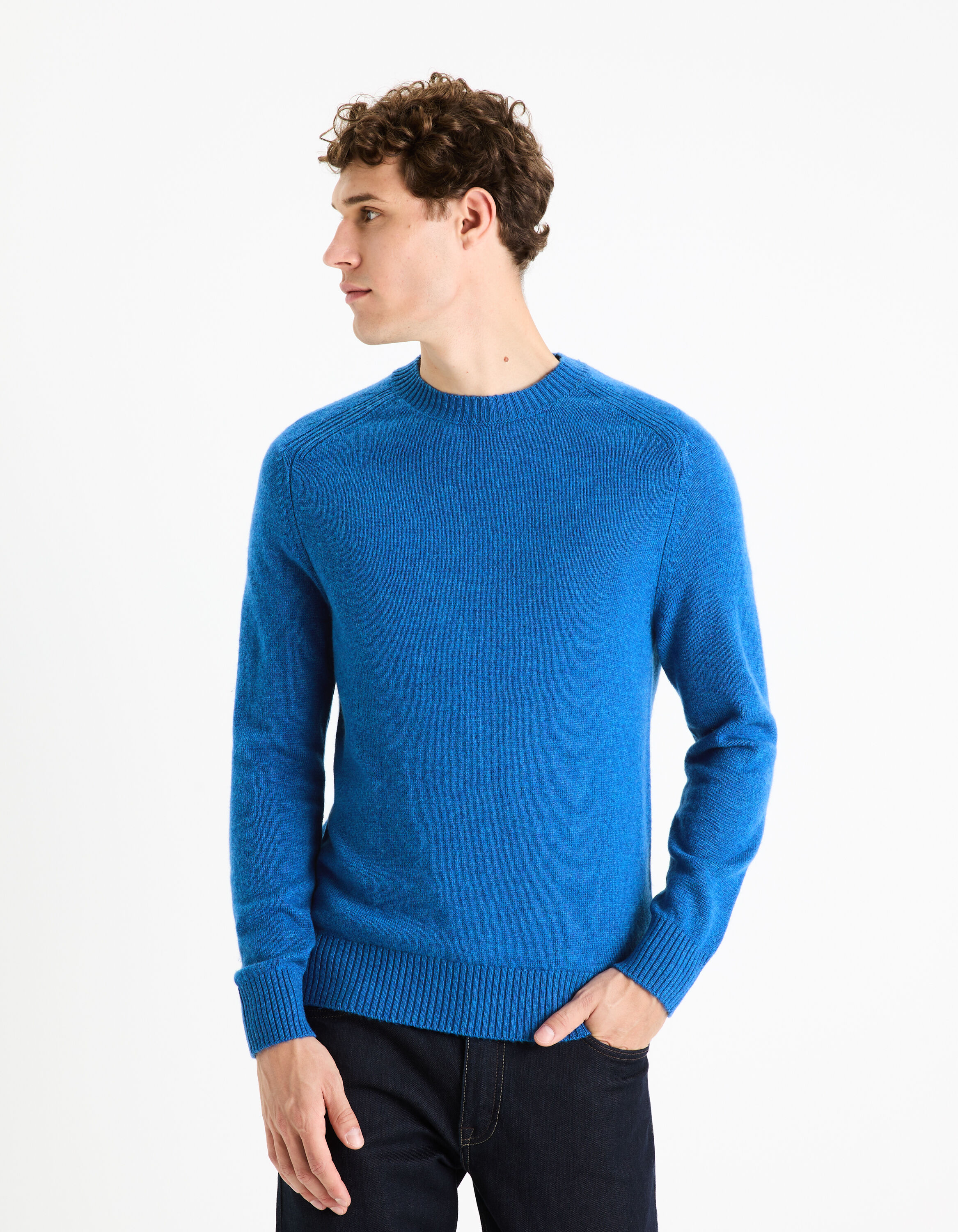 Pull col rond 100% laine - bleu