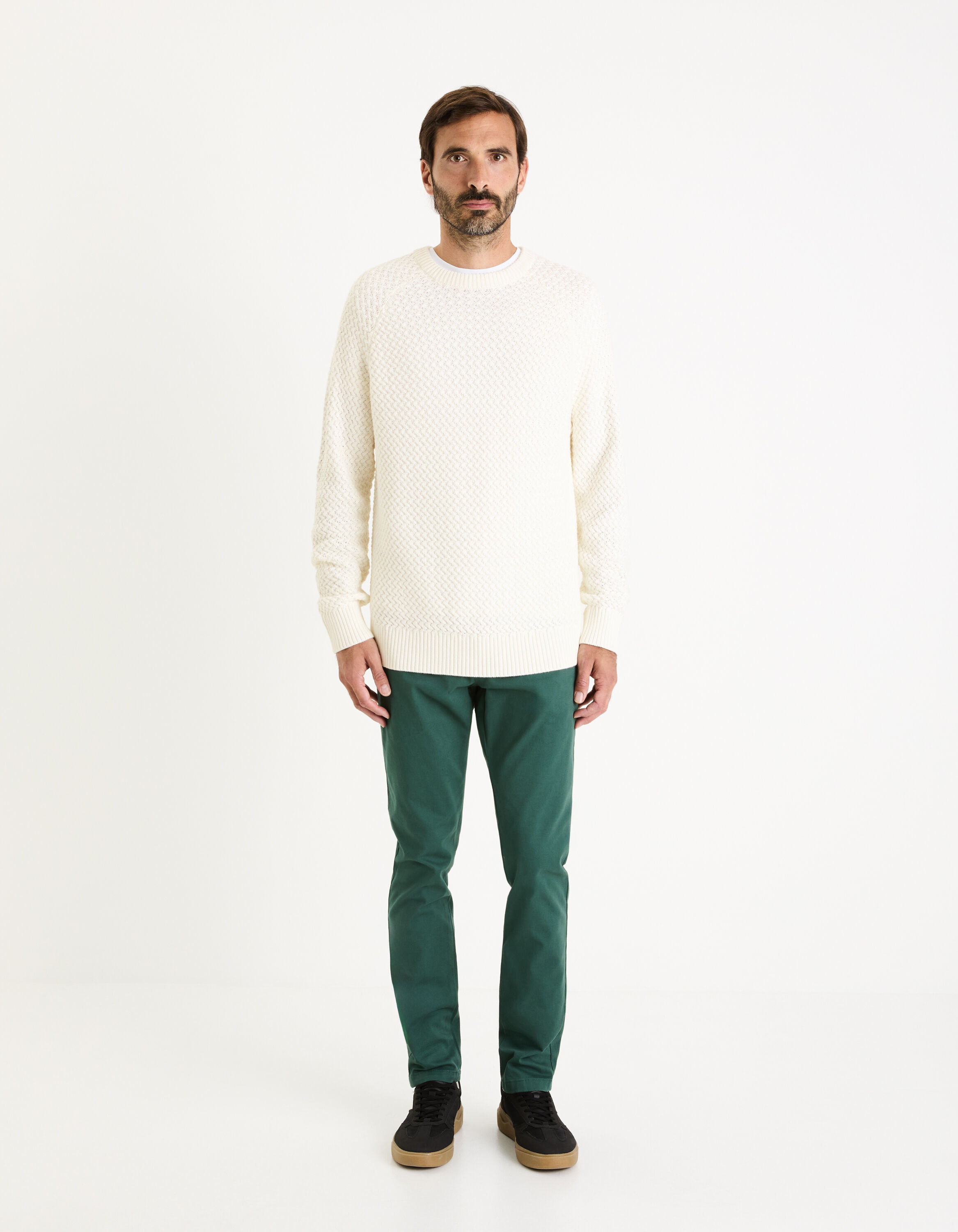 Pull col rond coton m&eacute;lang&eacute; - beige