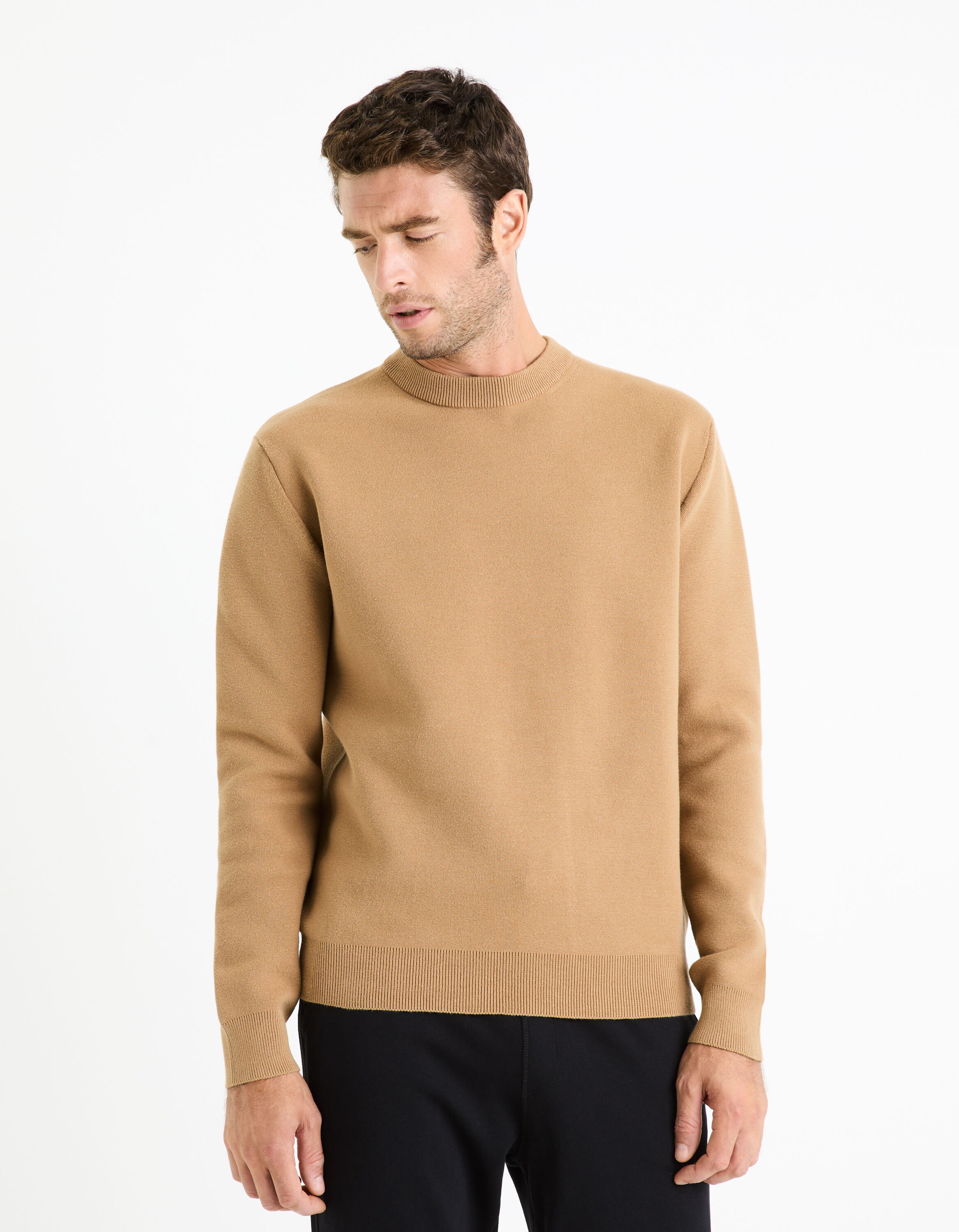 Pull col rond coton m&eacute;lang&eacute; - marron