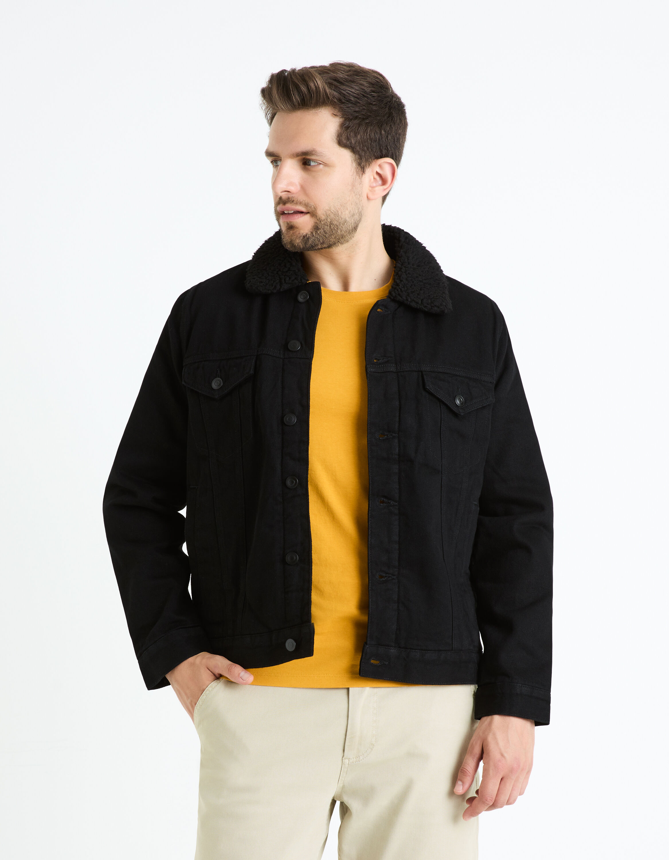 Blouson denim doubl&eacute; sherpa - noir