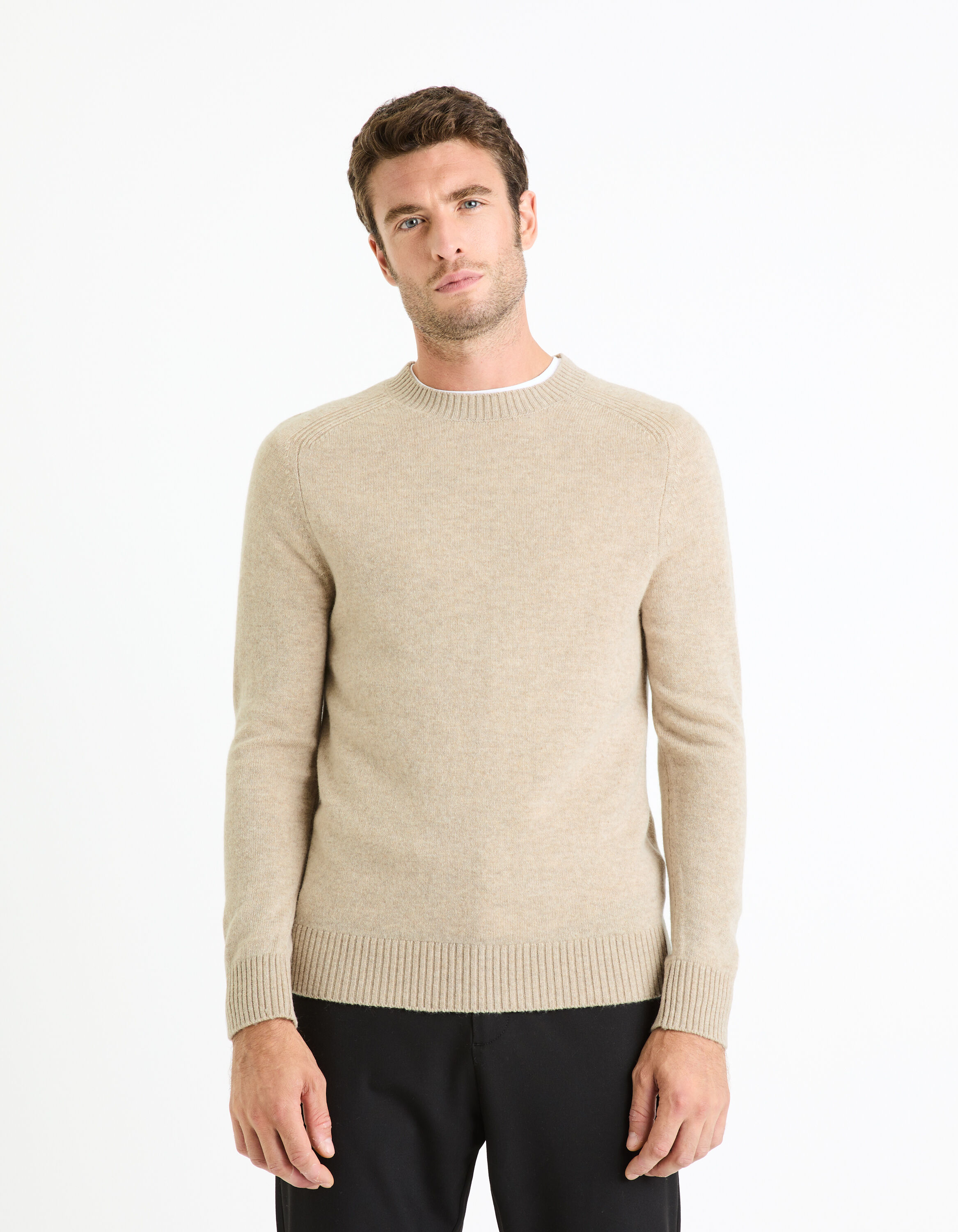 Pull col rond 100% laine - beige