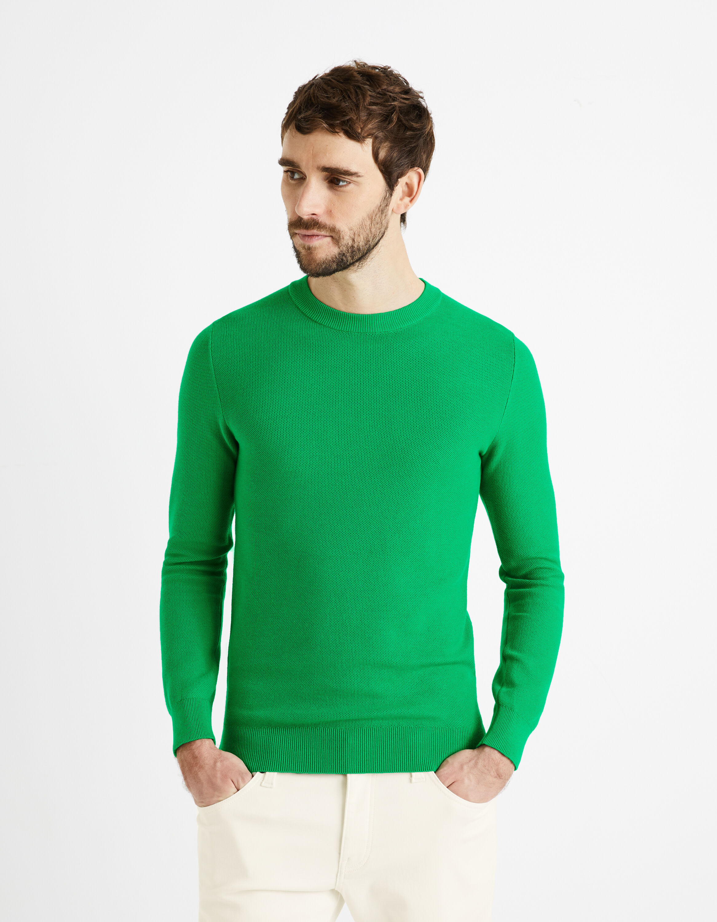 Pull col rond 100% coton - vert