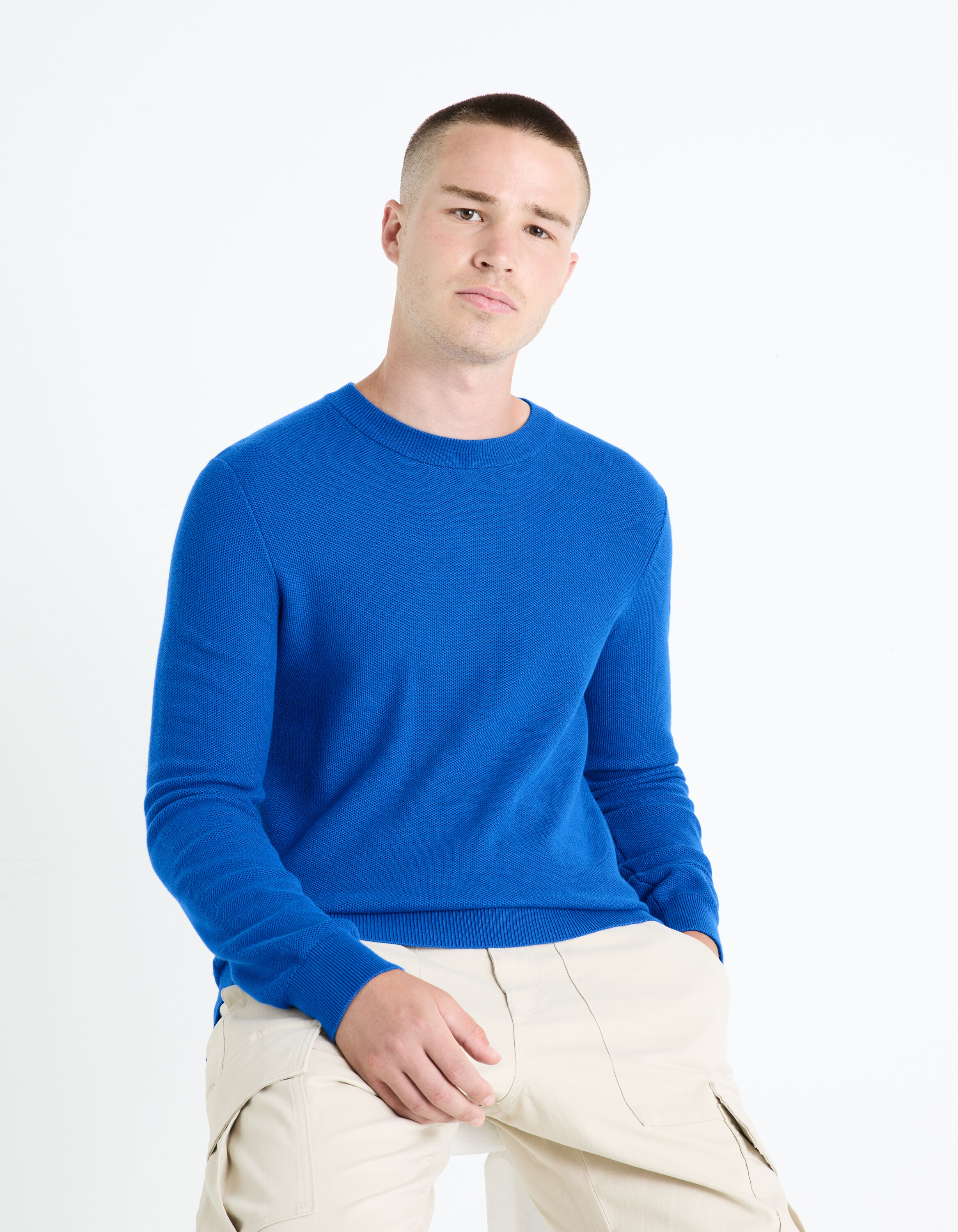 Pull col rond 100% coton - bleu