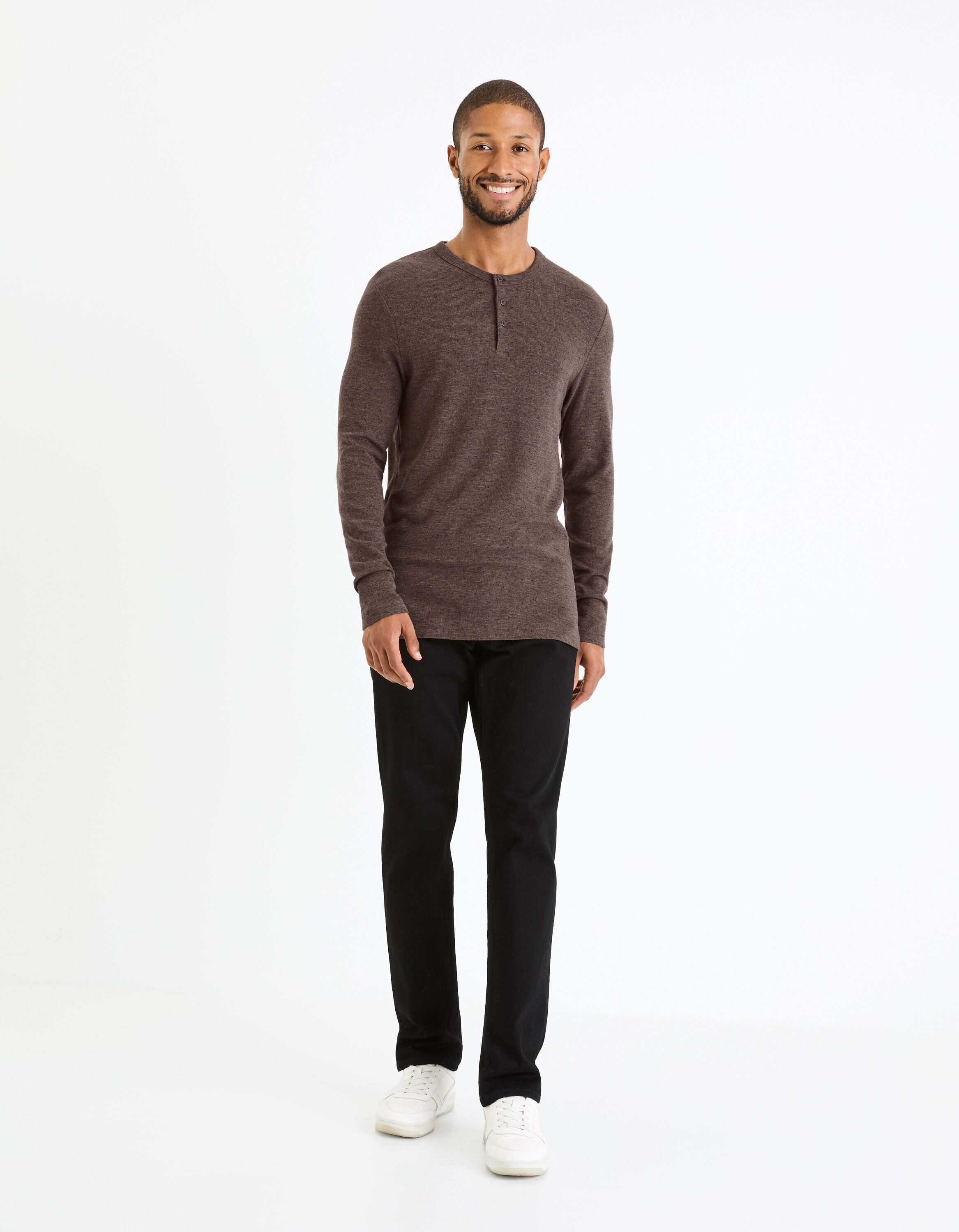 T-shirt manches longues en coton m&eacute;lang&eacute; - marron