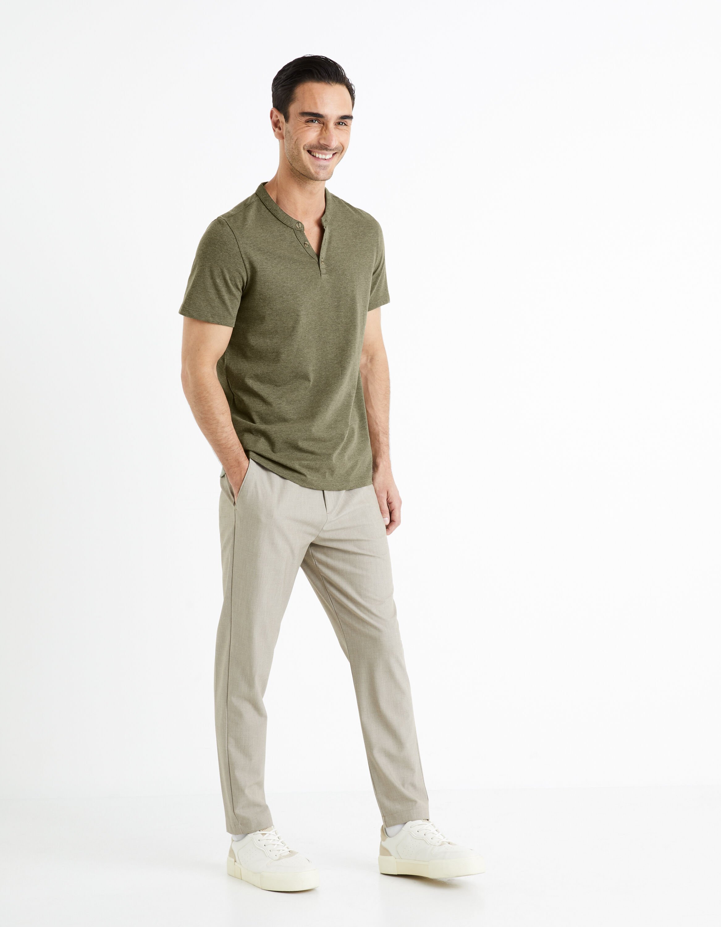 T-shirt col henley coton m&eacute;lang&eacute; -vert