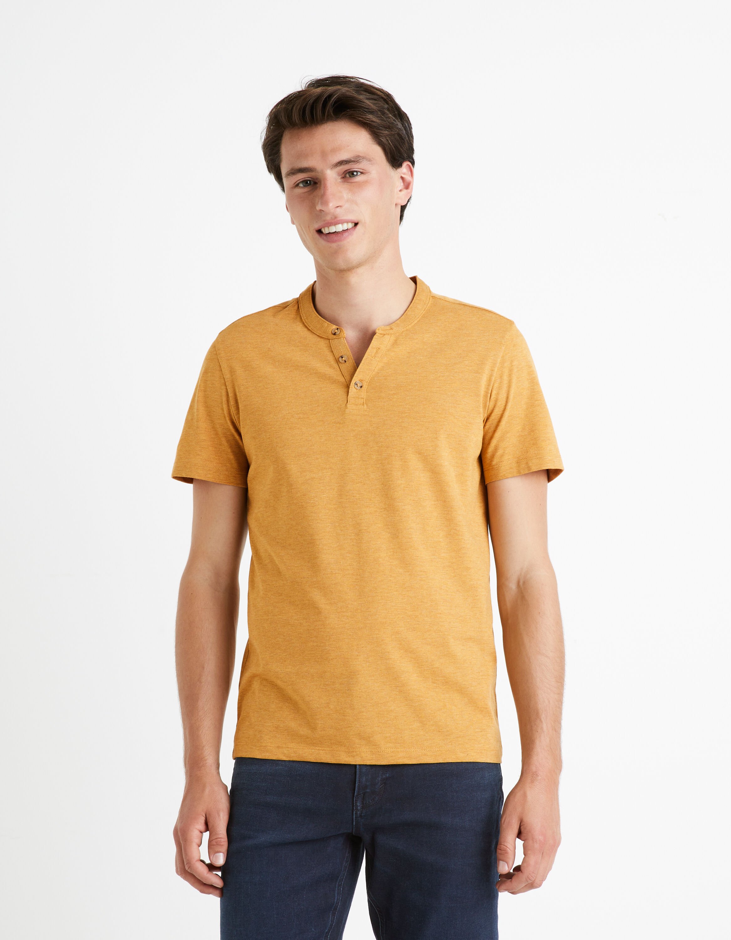 T-shirt col henley coton m&eacute;lang&eacute; -jaune