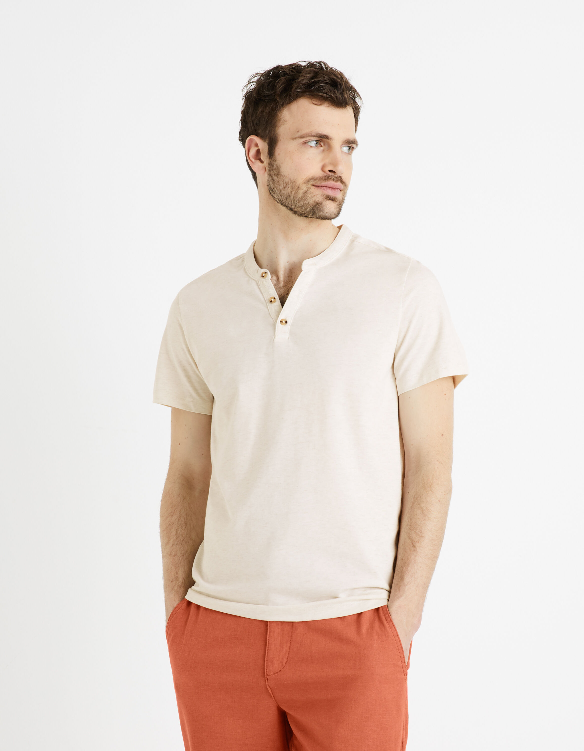 T-shirt col henley coton m&eacute;lang&eacute; -ecru