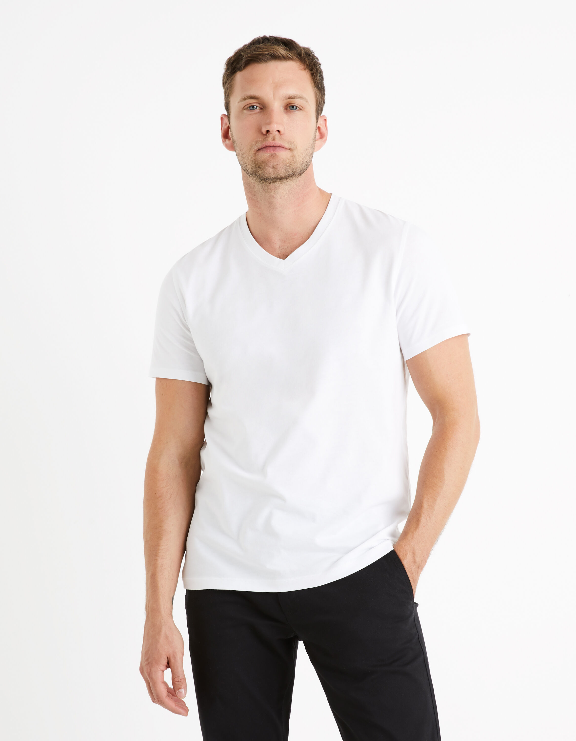 T-shirt col V 100% coton -blanc