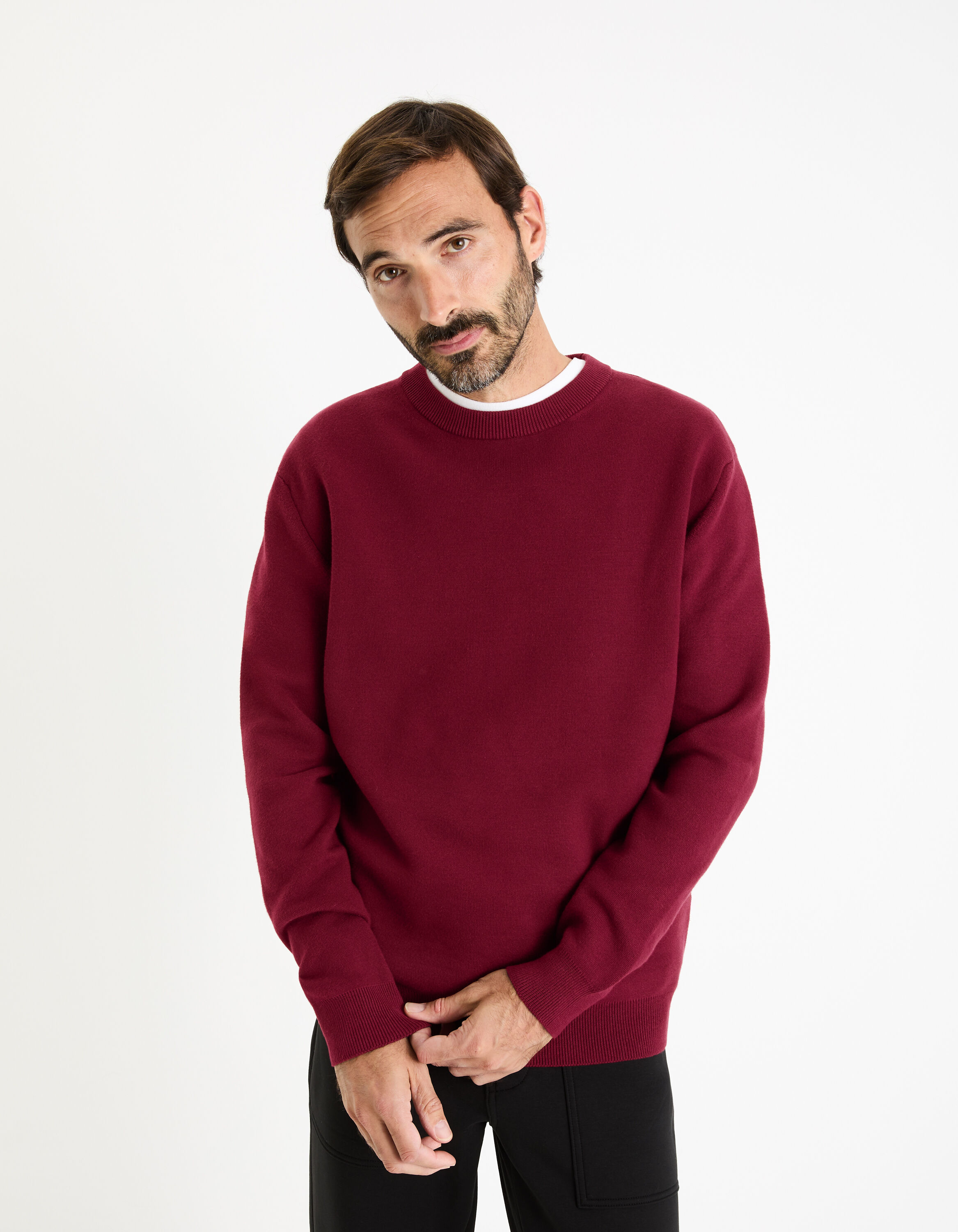 Pull col rond coton m&eacute;lang&eacute; - bordeaux