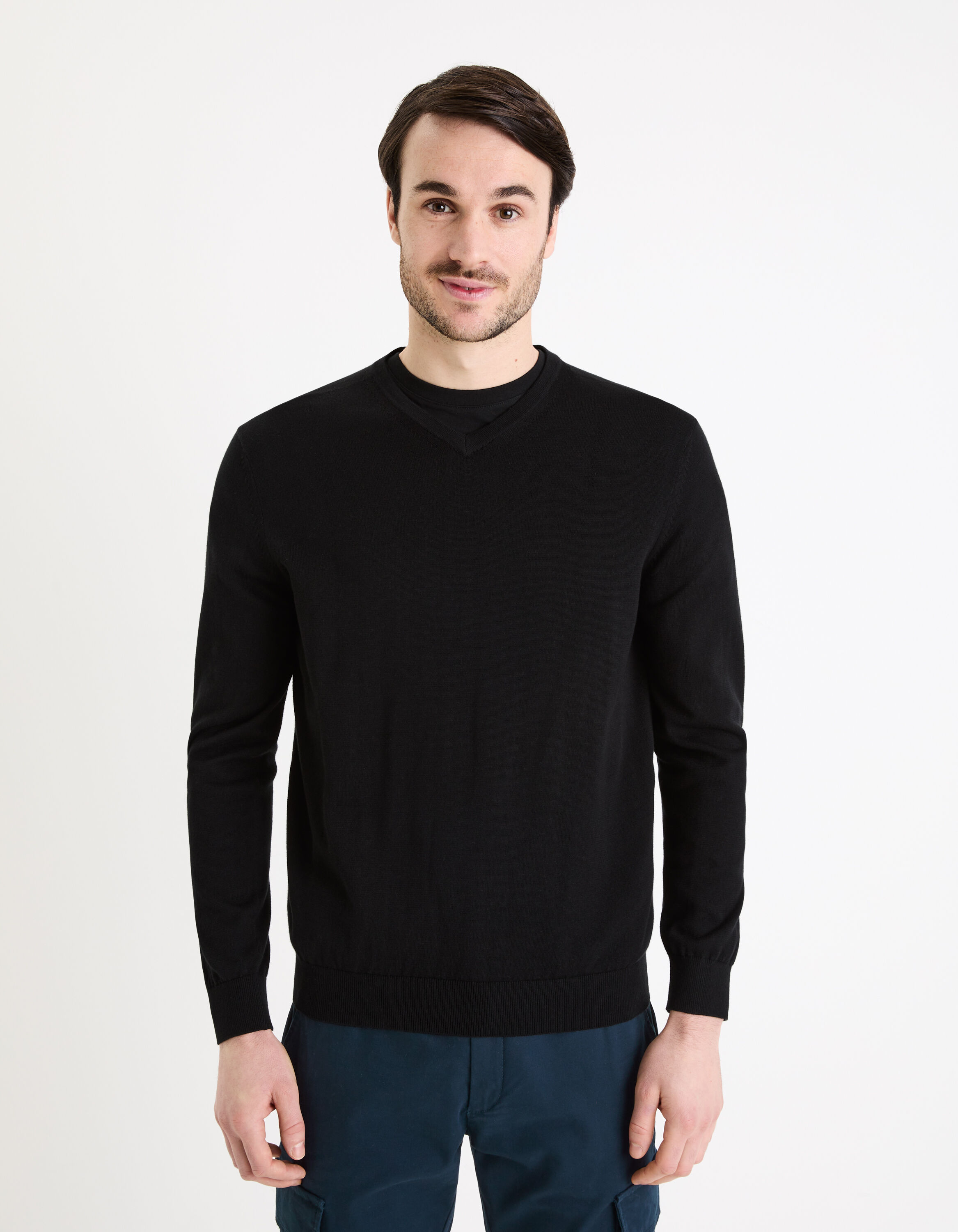 Pull col V 100% coton - noir