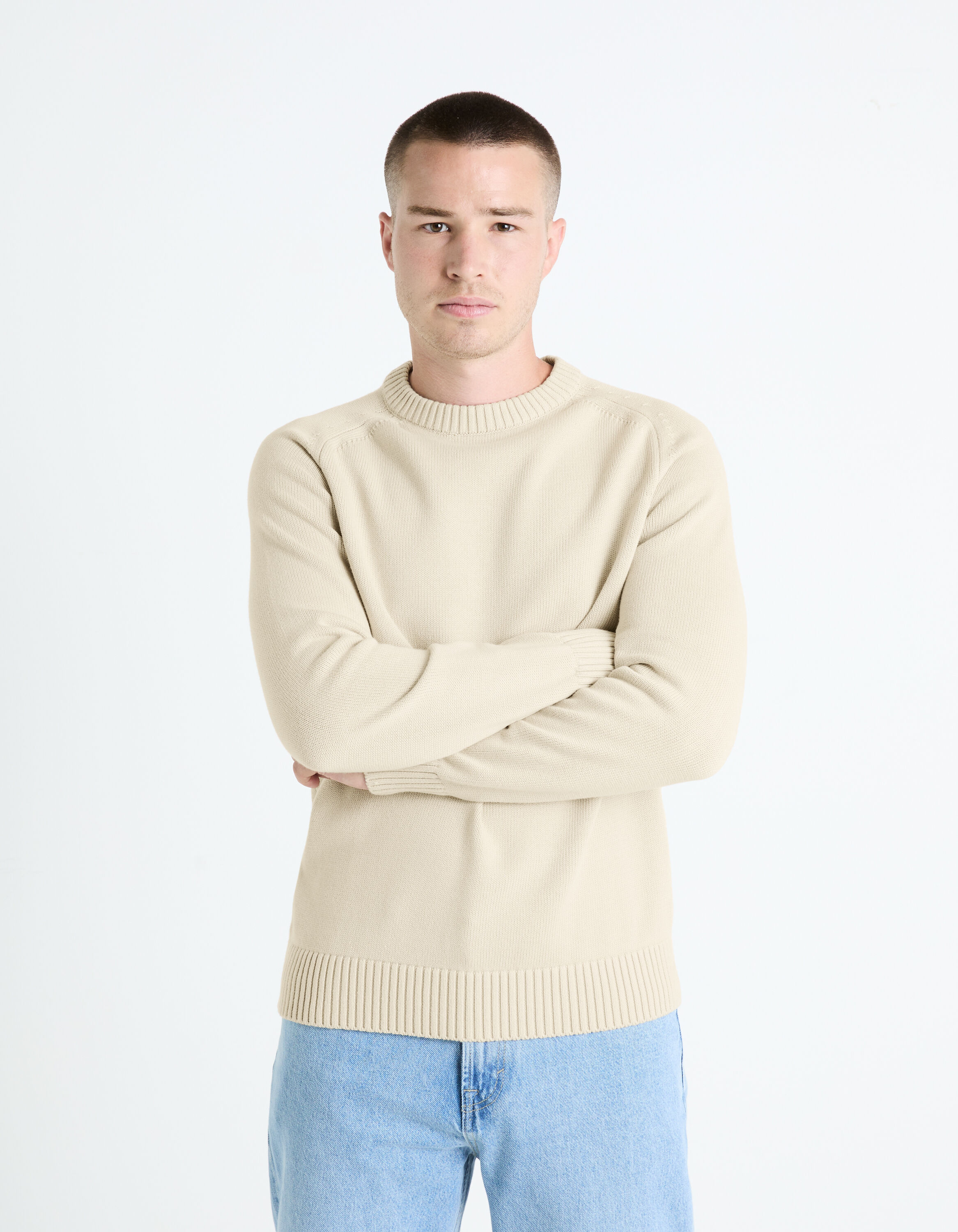Pull col rond 100% coton - beige