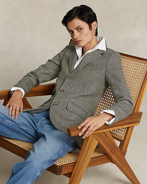 Linen-Blend Herringbone Hacking Blazer