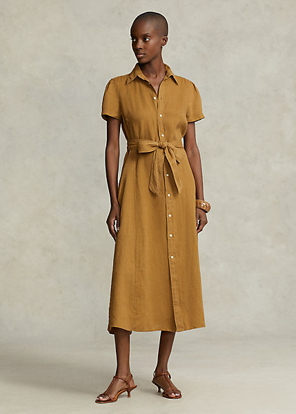 Belted Linen Short-Sleeve Shirtdress