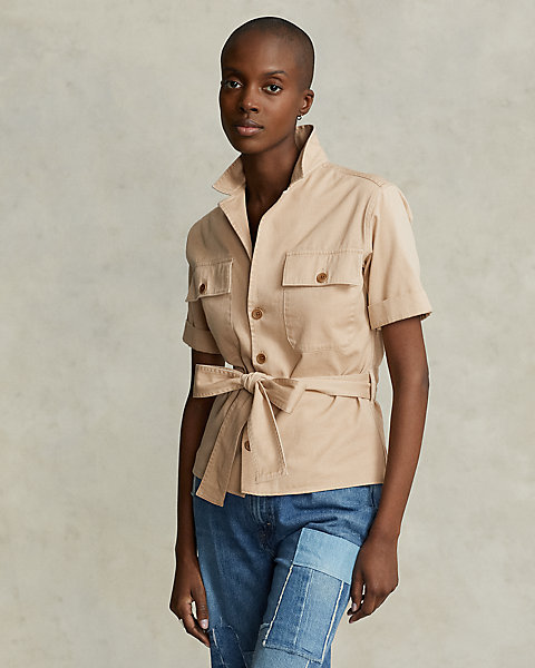 Belted Twill Short-Sleeve Utility Shirt