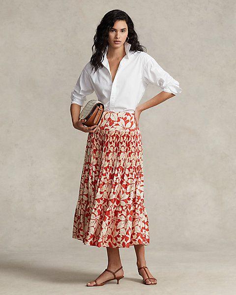Print Satin Pleated A-Line Midi Skirt