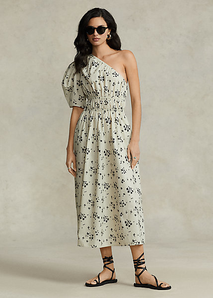 Floral Asymmetrical Shirred Poplin Dress