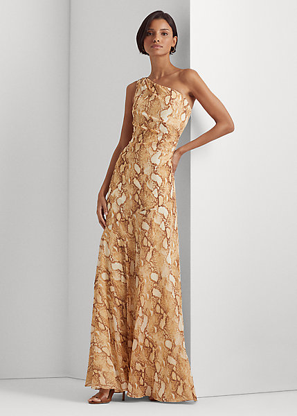 Print Georgette One-Shoulder Gown