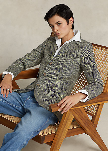 Linen-Blend Herringbone Hacking Blazer