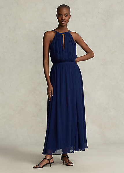 Crinkled Georgette Halter Gown