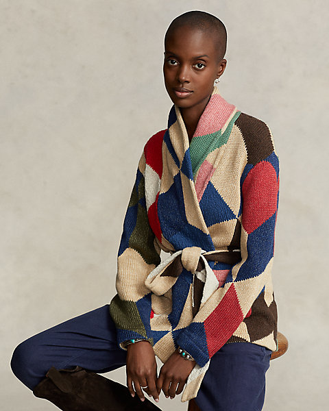 Patchwork-Motif Cotton-Linen Cardigan