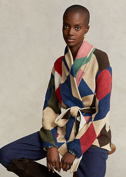 Patchwork-Motif Cotton-Linen Cardigan