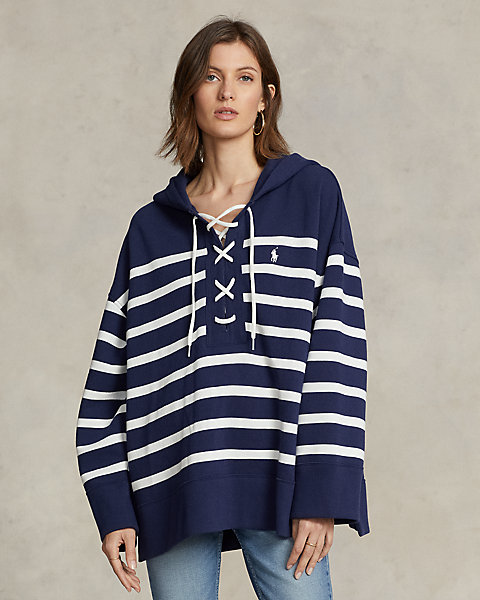 Striped Lace-Up Fleece Pullover