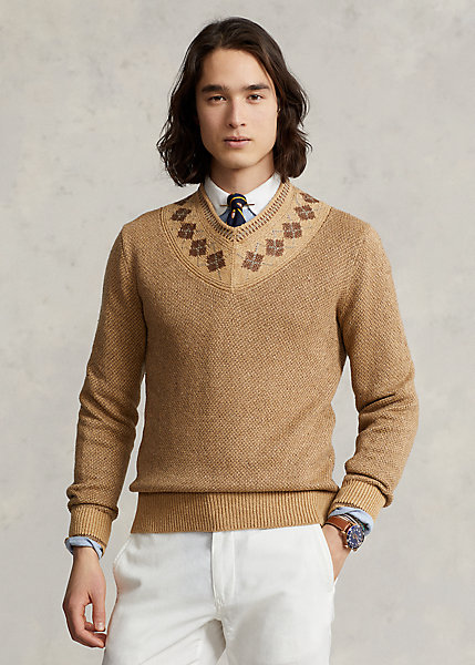 Argyle-Trim Linen-Silk Cricket Sweater