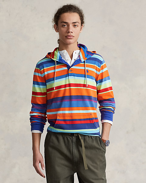 Striped Cotton Mesh Hooded Tee