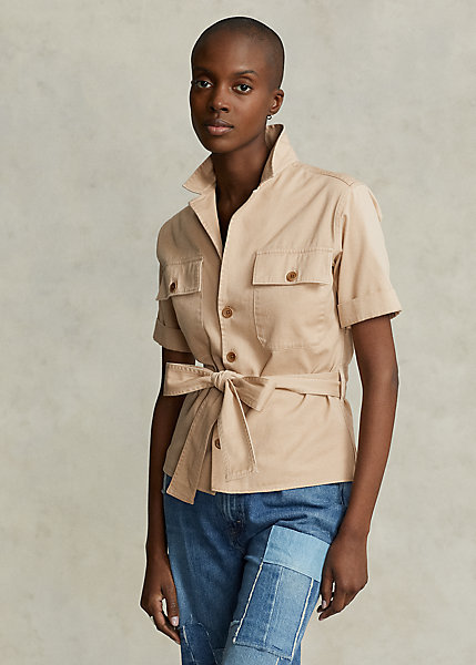 Belted Twill Short-Sleeve Utility Shirt