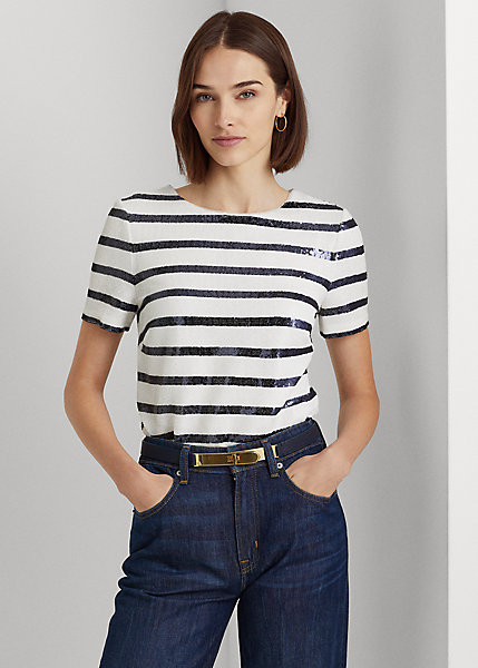 Striped Sequined Short-Sleeve Blouse