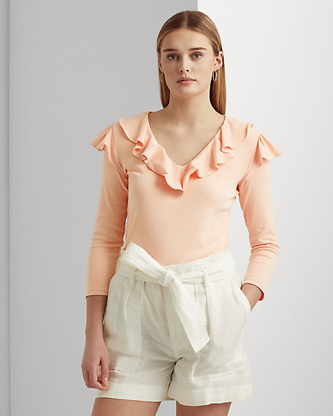Ruffle-Trim Stretch Cotton V-Neck Top