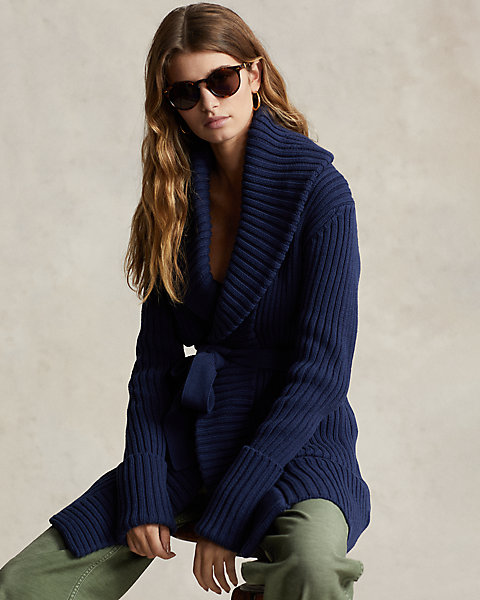 Rib-Knit Shawl-Collar Cotton Cardigan