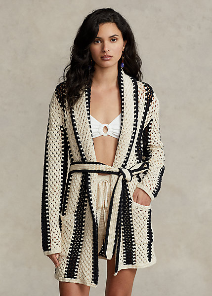 Geo-Stripe Linen-Cotton Shawl Cardigan