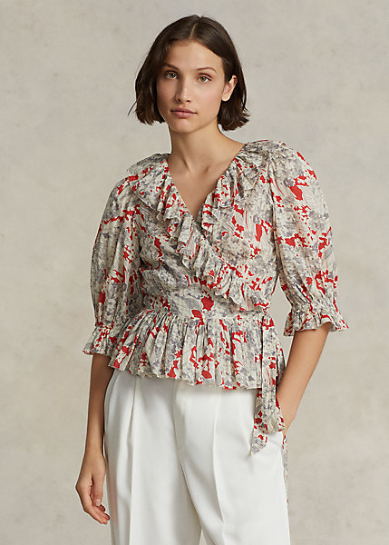 Ruffled Floral Cotton Wrap Top