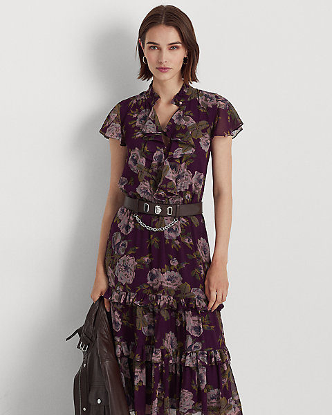 Floral Belted Crinkle Georgette Dress