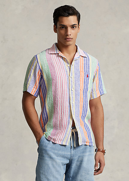 Classic Fit Striped Linen Camp Shirt